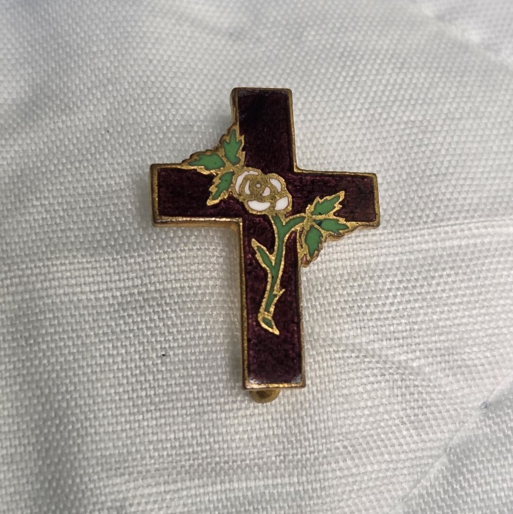 Vtg Cloisonne` Cross with White Rose Pin